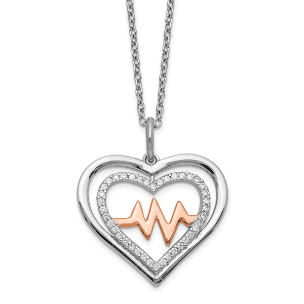 Sterling Silver RH-plated Rose-tone CZ Heartbeat w/2in ext Necklace