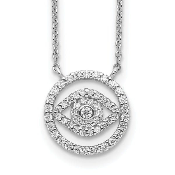 Sterling Silver Rhodium Plated CZ Evil Eye Necklace w/2in ext.