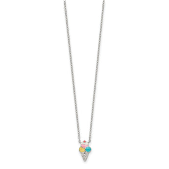 Sterling Silver Polished & Textured Multi-color Enameled Ice Cream Cone with 2 Inch Extension Children's Necklace