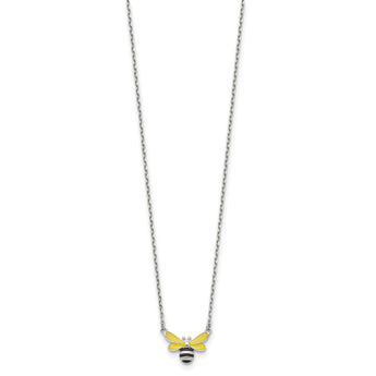 Sterling Silver Polished Yellow & Black Enameled Bumblebee with 2 Inch Extension Children's Necklace