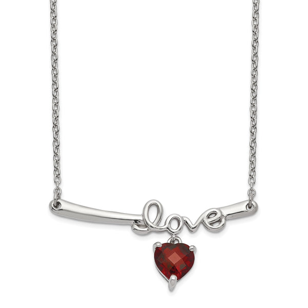 Sterling Silver Rhod-plat Heart Garnet Love With 2.25in ext. Necklace - Birthstone Company
