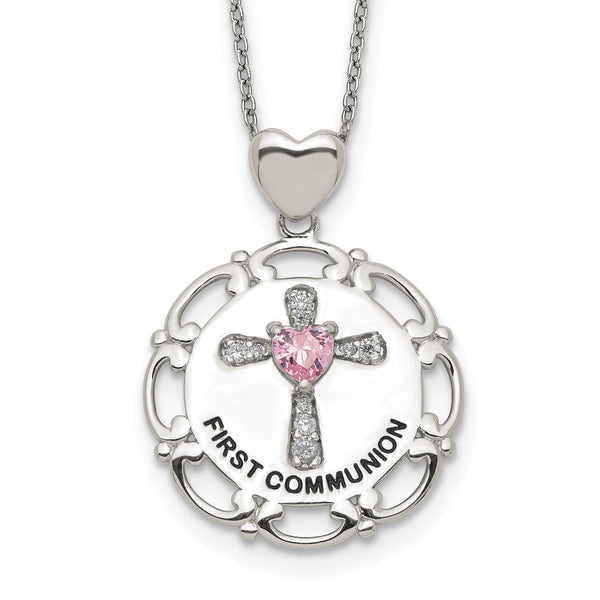Sterling Silver Enameled Pink & Clear CZ Cross Necklace