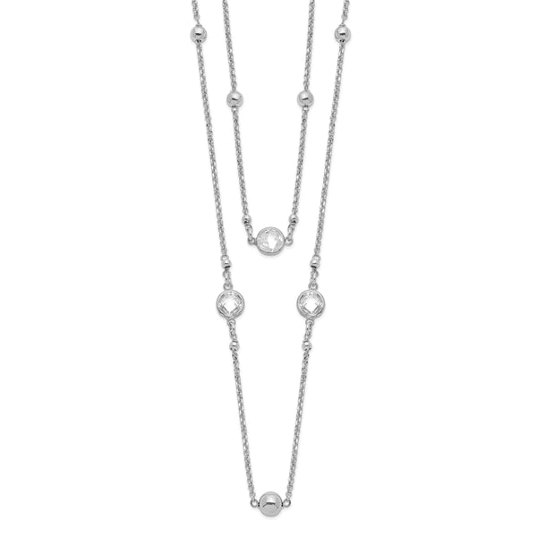 Sterling Silver Rhodium-plated CZ/Beaded 2-strand w/1in Ext. Necklace