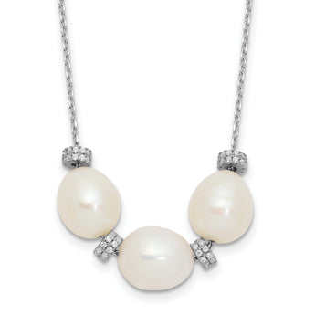 Sterling Silver Rhodium-plated CZ Bead/FWC Pearl With 2in ext. Necklace - Birthstone Company