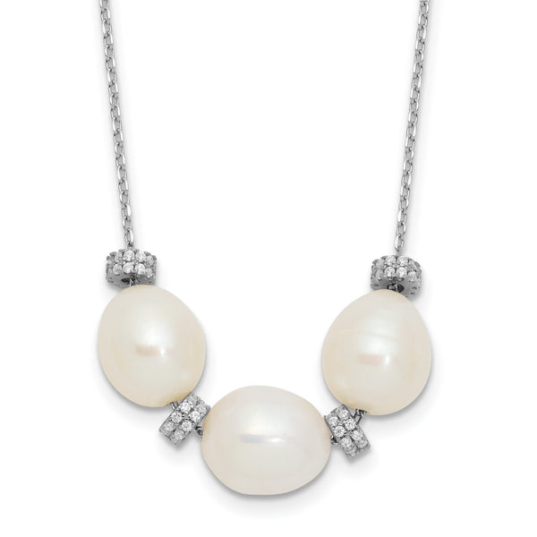 Sterling Silver Rhodium-plated CZ Bead/FWC Pearl With 2in ext. Necklace - Birthstone Company