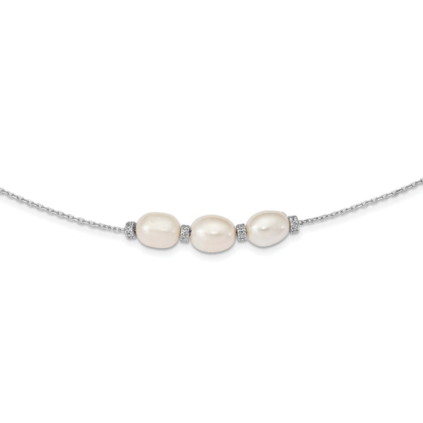 Sterling Silver Rhodium-plated CZ Bead/FWC Pearl w/ 2in ext. Necklace