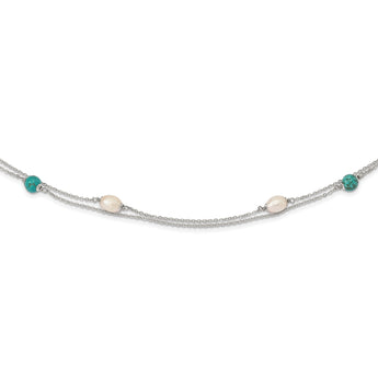 Sterling Silver Rhod-plated Turquoise/FWC Pearl With 2 in ext Necklace - Birthstone Company