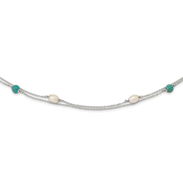 Sterling Silver Rhod-plated Turquoise/FWC Pearl With 2 in ext Necklace - Birthstone Company