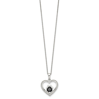 Sterling Silver Black and White CZ Heart with Paw Print 18 inch Necklace