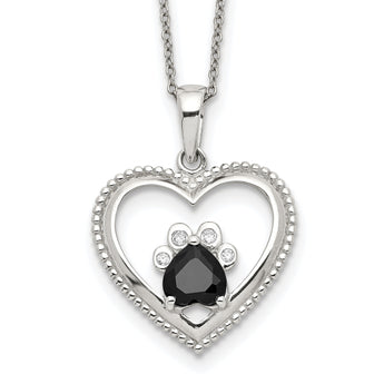 Sterling Silver Black and White CZ Heart with Paw Print 18 inch Necklace