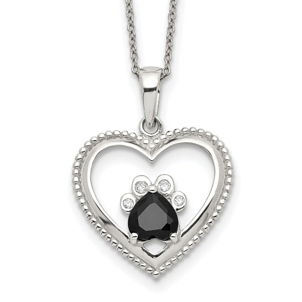 Sterling Silver Black and White CZ Heart with Paw Print 18 inch Necklace