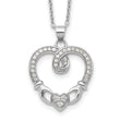Sterling Silver Rhod-plated Claddagh Heart CZ  W/ 1 in ext.Necklace