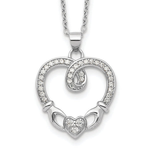 Sterling Silver Rhod-plated Claddagh Heart CZ  W/ 1 in ext.Necklace