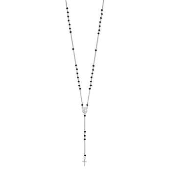 Sterling Silver Rhodium-plated Black Beaded Rosary w/1.25in .ext Necklace