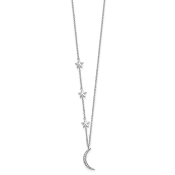 Sterling Silver Rh-Plated CZ Stars and Moon w/ 2in Ext. Necklace
