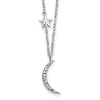 Sterling Silver Rh-Plated CZ Stars and Moon w/ 2in Ext. Necklace