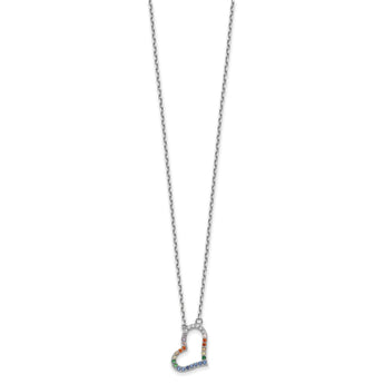 Prizma Sterling Silver Rhodium-plated 16 inch Colorful CZ Heart Necklace with 2 inch Extender