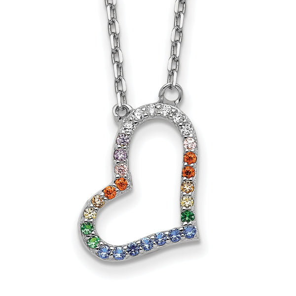 Prizma Sterling Silver Rhodium-plated 16 inch Colorful CZ Heart Necklace with 2 inch Extender