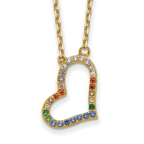 Prizma Sterling Silver Gold-tone 14K Flash Gold-plated 16 inch Colorful CZ Heart Necklace with 2 inch Extender