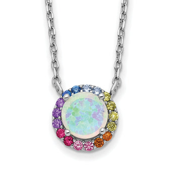 Prizma Sterling Silver Rhodium-plated 16 inch Lab Created Opal and Colorful CZ Round Necklace with 2 inch Extender