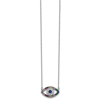 Prizma Sterling Silver Rhodium-plated 16 inch Colorful CZ Evil Eye Necklace with 2 inch Extender
