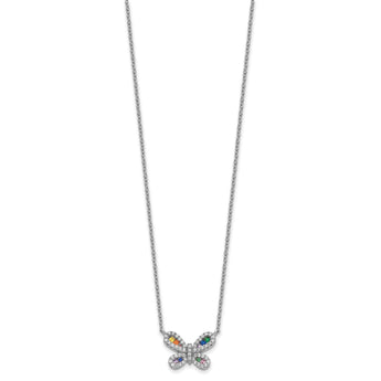 Prizma Sterling Silver Rhodium-plated 16 inch Colorful CZ Butterfly Necklace with 2 inch Extender