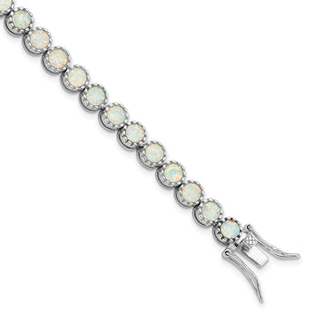 Sterling Silver Rhodium-Rhodium-Plated Beaded White Created Opal Inlay Bracelet