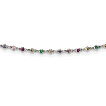 Sterling Silver Rhodium-plated Polished Multi-color CZ w/3 IN EXT Choker - Birthstone Company