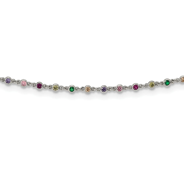 Sterling Silver Rhodium-plated Polished Multi-color CZ w/3 IN EXT Choker - Birthstone Company
