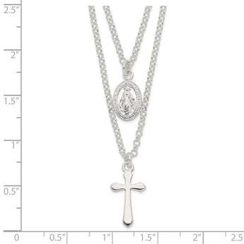 Sterling Silver Polished Medallion & Cross Necklace