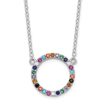 Sterling Silver Rhodium-plated Polished Multi-color Circle CZ Necklace 18 in - Birthstone Company