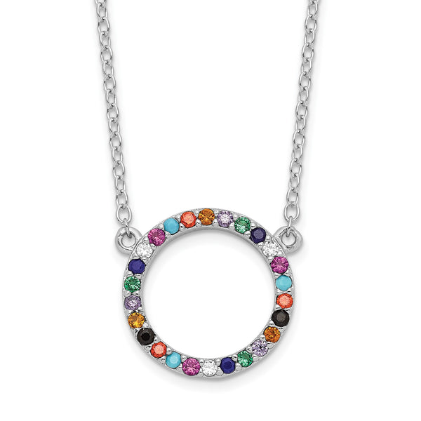 Sterling Silver Rhodium-plated Polished Multi-color Circle CZ Necklace 18 in - Birthstone Company
