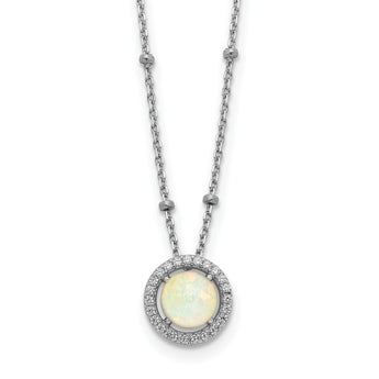 Sterling Silver RH-plated White Created Opal CZ Beaded w/2 in ext. Necklace
