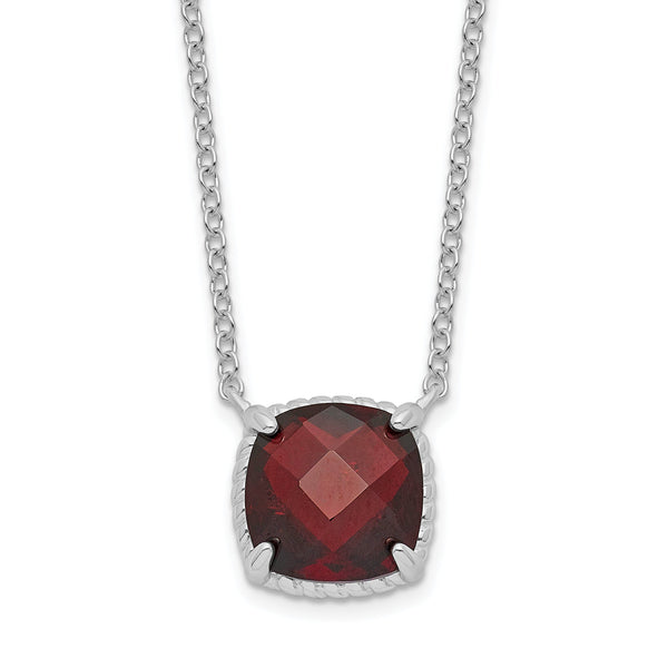 Sterling Silver Rhodium-plated Square Garnet w/2 in ext. Necklace