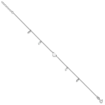 Sterling Silver Rhodium-plated Heart Glass Beads 9in Plus 1in ext Anklet