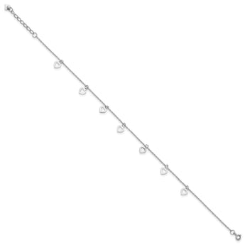 Sterling Silver Rhodium-plated Polished Heart 9.5in Plus 1in ext. Anklet
