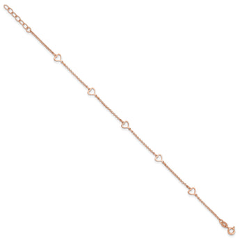 Sterling Silver Rose Tone Hearts 9in Plus 1in ext Anklet
