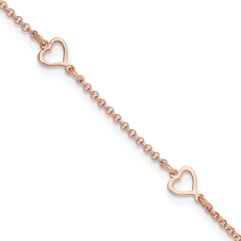 Sterling Silver Rose Tone Hearts 9in Plus 1in ext Anklet