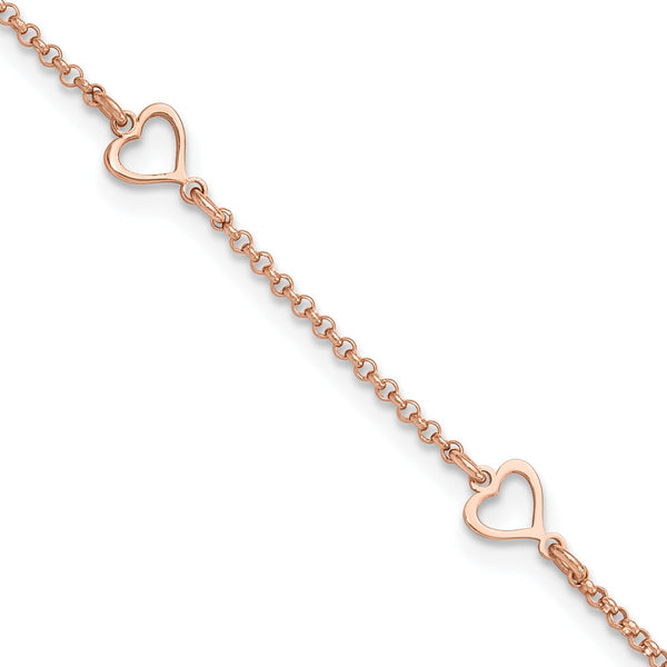 Sterling Silver Rose Tone Hearts 9in Plus 1in ext Anklet