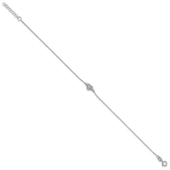 Sterling Silver Rhodium-plated CZ Heart w/Wings 9in Plus 1in ext Anklet