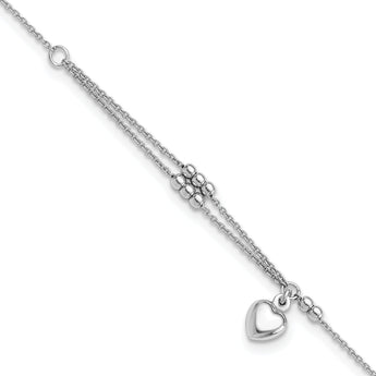 Sterling Silver Rhodium-plated Beads and Heart 9in Plus 1in ext Anklet
