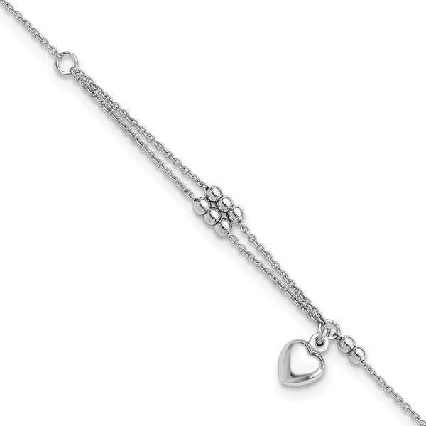 Sterling Silver Rhodium-plated Beads and Heart 9in Plus 1in ext Anklet