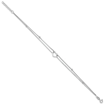 Sterling Silver Rhod-plated Polished Heart Beaded 9in w/1in ext Anklet