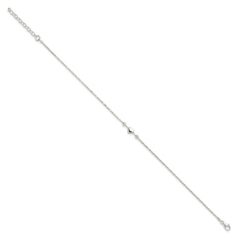 Sterling Silver Polished Heart 9in Plus 1in ext. Anklet