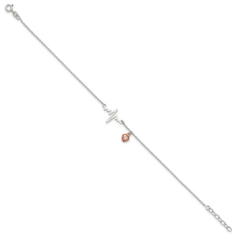 Sterling Silver Rose Tone CZ Heart and Heartbeat 9in Plus 1in ext. Anklet