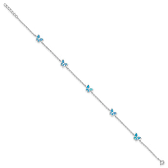 Sterling Silver RH-plated Blue Cr. Opal Butterflies 9in Plus .5in ext Ankle