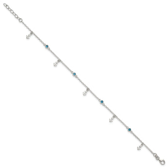 Sterling Silver Polished Blue CZ and Anchors 9in Plus 1in ext Anklet