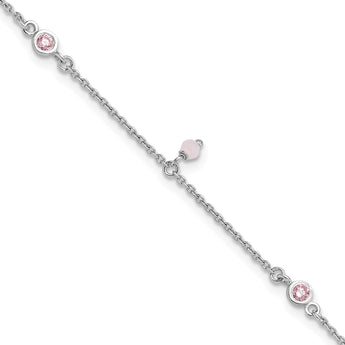 Sterling Silver Rhod-plated Pink CZ/Glass Beads 9in Plus 1in ext Anklet