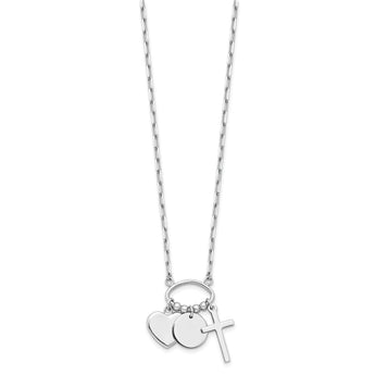 Sterling Silver Rhodium-plated Round Heart Cross Discs 32in Necklace