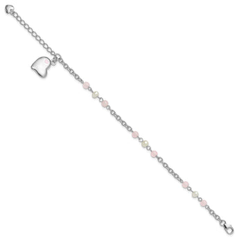 SSRhodium-Rhodium-Plated Crystal FWC Pearl Enamel Dangle Heart w/1 in. ext Bracelet - Birthstone Company